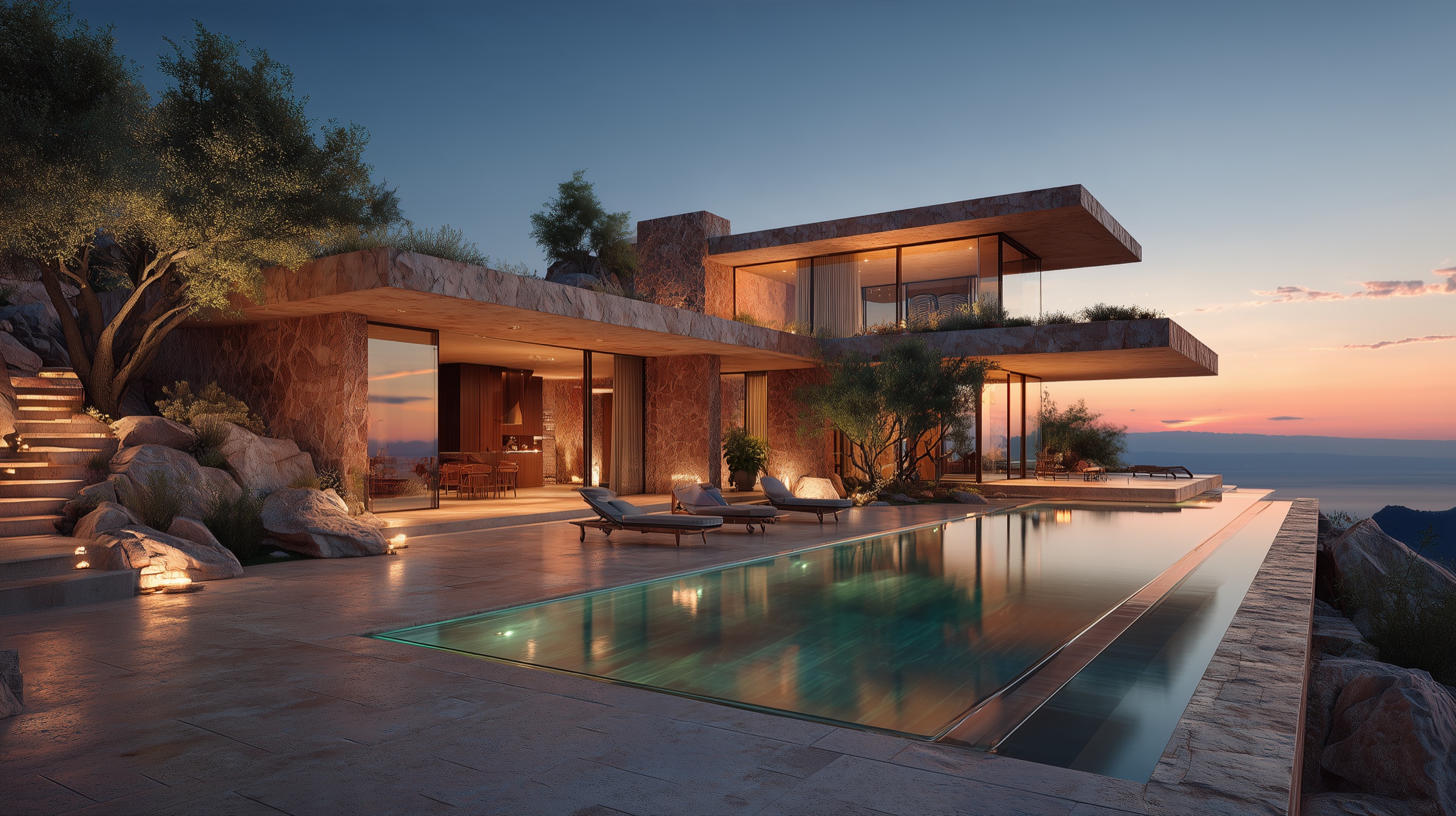 Finished photoreal render of a Mediterranean villa at golden hour